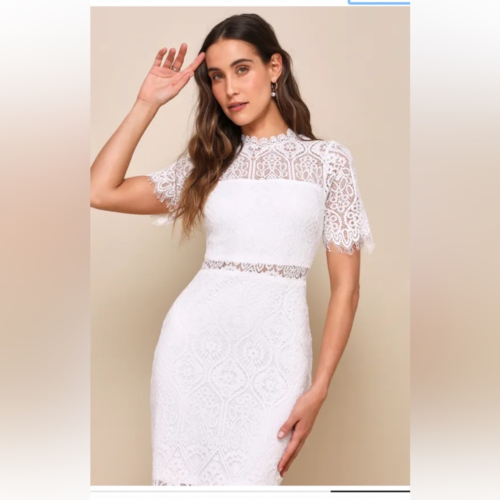 Lulus Remarkable Sheer Lace Short Sleeve Mini Dress in White, Size Small, EUC